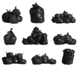 Set with black trash bags full of garbage on white background