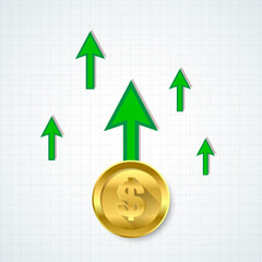 Russian ruble green rise arrow of economy. Vector illustration.
