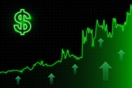 Russian ruble green rise arrow of economy. Vector illustration.