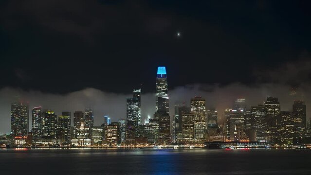 San Francisco, CA, Salesforce Tower Fog Cityscape Night Timelapse