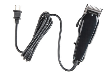 Hair clipper. Professional barber hair clipper for haircut. Hairdresser salon equipment. Premium hairdressing Accessories. Top view on corded electric black hair clipper isolated on white background.