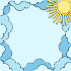 Blue sky, clouds and sun in paper cut style. Cute square frame with place for your text. Vector background 
