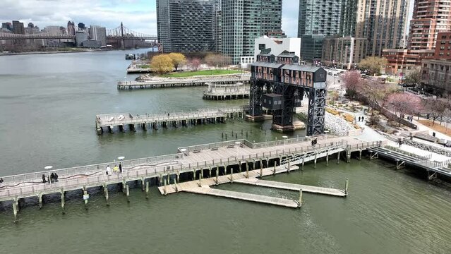 aerial of Long Island City sign in LIC on docks on water in New York City NYC