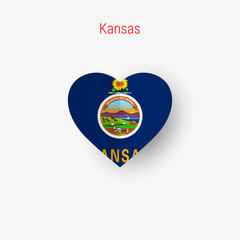 Kansas US state heart shaped flag. Origami paper cut folded banner. 3D vector illustration isolated on white with soft shadow.