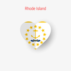 Rhode Island US state heart shaped flag. Origami paper cut folded banner. 3D vector illustration isolated on white with soft shadow.