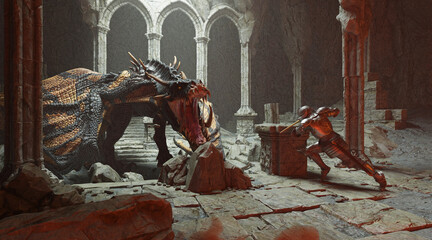 Fantasy battle scene with dragon attacking medieval knight 3d illustration - obrazy, fototapety, plakaty