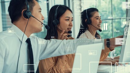 Customer support call center provide data in conceptual vision . Business and communication technology concept .