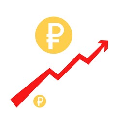 Ruble raise flat icon illustration. Ruble growing up and rise concept.