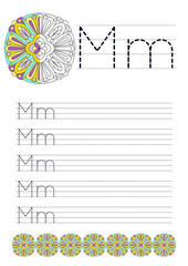 Learn to write Uppercase and lowercase letter M on a white background with a mandala to draw with colors, learn to write by coloring