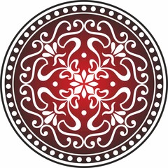Vector classic colored round ornament. Red pattern in a circle. Drawing of Greece and Ancient Rome. Flower drawing.