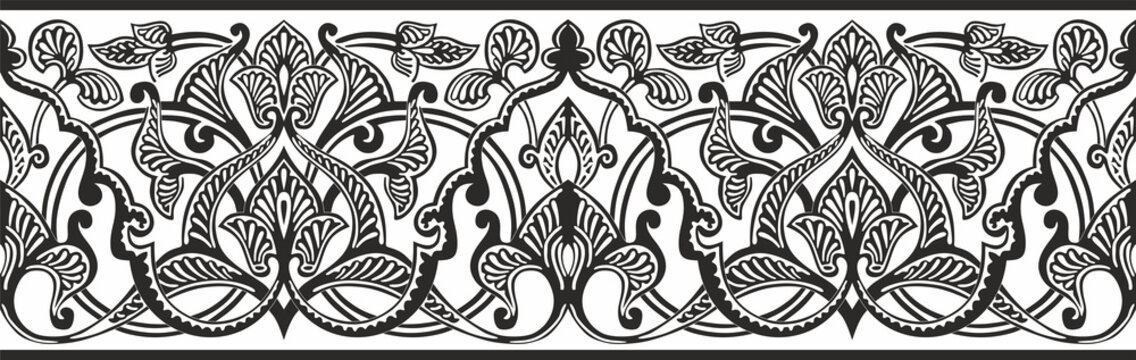 Vector monochrome seamless oriental national ornament. Endless ethnic floral border, arab peoples frame. Persian painting.