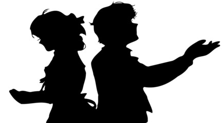 ダンスしながら愛を確かめ合うカップルの切り絵風シルエットイラスト