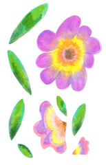 色鉛筆とクレヨンで手描きした、かわいい花のテキスタイルイラスト