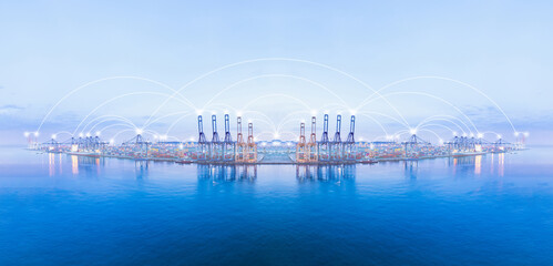 Island for Container ship loading and unloading, World map with Global logistic network distribution. Cargo freight ship for Online international order worldwide concept. Cargo containers ship