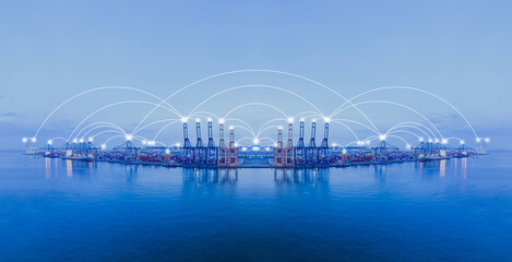 Island for Container ship loading and unloading, World map with Global logistic network distribution. Cargo freight ship for Online international order worldwide concept. Cargo containers ship