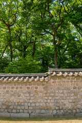Korean traditional wall with green forest at Jongmyo Shrine in Seoul, Korea