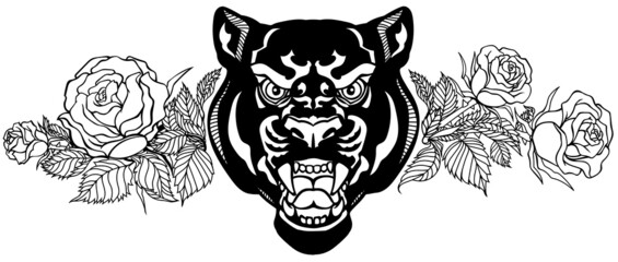 The head of a panther and blooming roses. Angry roaring leopard. Front view. Black and white Tattoo style vector illustration