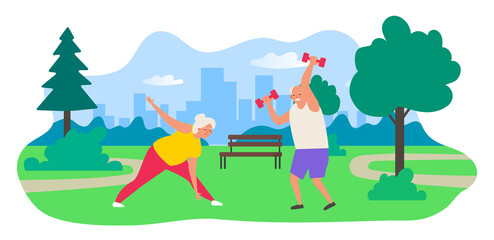 senior couple man and woman exercising outdoor activity in the park healthy lifestyle  vector illustration