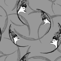 Watercolor pattern fantasy crescent moon with a serene female face, on a gray background for your seamless design, hand drawn illustration