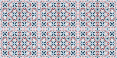 Indigo blue red batik geo nautical seamless border pattern. Modern marin geometric kaleidoscope banner. Nantucket fabric textile style. Summer rustic masculine worn linen effect edging trim tape 