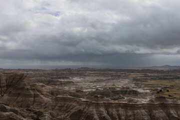 Ominous clouds over Badlands National Park in South Dakota