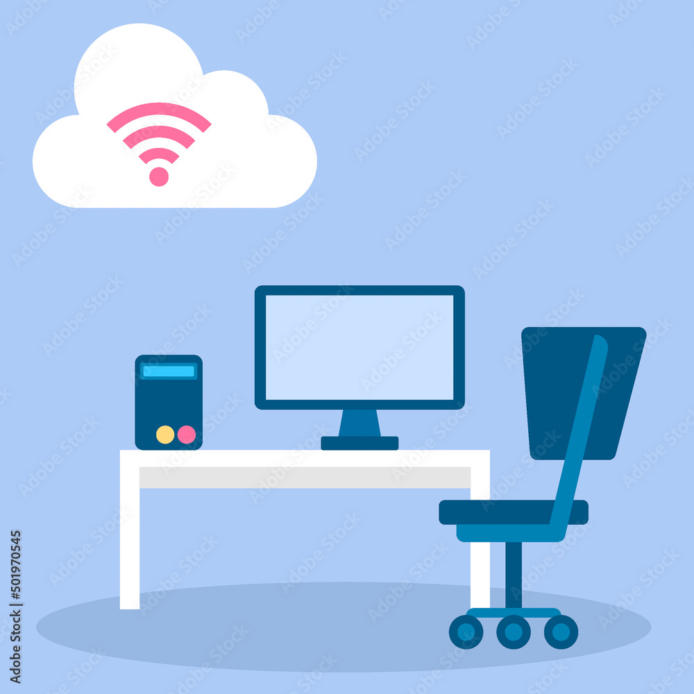 Wall mural computer working with internet cloud storage data, flat design icon drawing