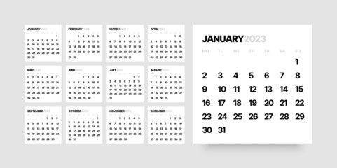 Monthly calendar template for 2023 year. Week Starts on Monday. Square desk calendar in a minimalist style.  - obrazy, fototapety, plakaty