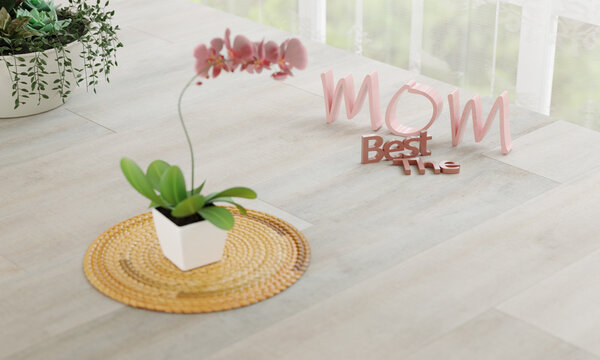 Happy Mothers Day. 3d rendering with orchids and succulent plants with affectionate message