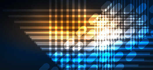 Fototapeta premium Background neon glowing lines and geometric shapes. Lights in the dark wallpaper for concept of AI technology, blockchain, digital, communication, 5G, science