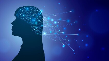 Silhouette of a woman on a blue background and a glowing structure in her brain with sparks