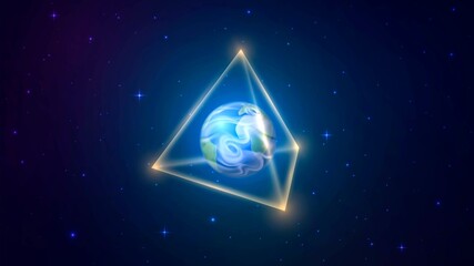 Planet Earth in a golden glowing pyramid in space