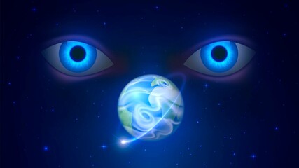 Eyes look from space to the planet Earth, God view concept