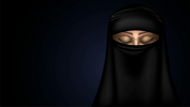 Muslim woman in niqab with closed eyes on black background