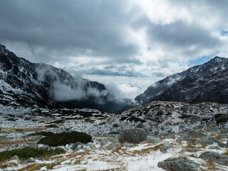 Mountain landscape in the fog. cloudy mountain valley in the Slovak Tatras