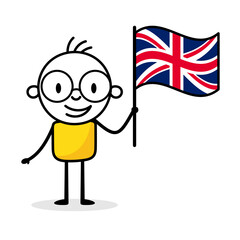 Man holding flag of United Kingdom of Great Britain isolated on white background. Hand drawn doodle line art man. Concept of country. Vector stock illustration