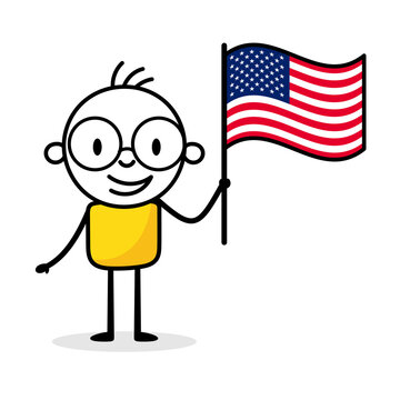 Man holding flag of United States isolated on white background. Hand drawn doodle line art man. Concept of country. Vector stock illustration