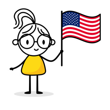 Woman holding flag of United States isolated on white background. Hand drawn doodle line art man. Concept of country. Vector stock illustration