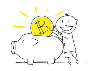 A happy man throws a Bitcoin coin into a piggy bank. Cryptocurrency hold concept.