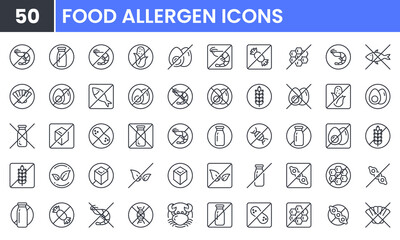 Food Allergen vector line icon set. Contains linear outline icons like Gluten, Milk, Soya, Fish, Shellfish, Egg, Sugar, Peanut, Crustacean. Editable use and stroke.