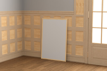 Mock up of vertical wooden frame on a the floor in a classic style interior