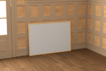 Mock up of horizontal wooden frame on a the floor in a classic style interior