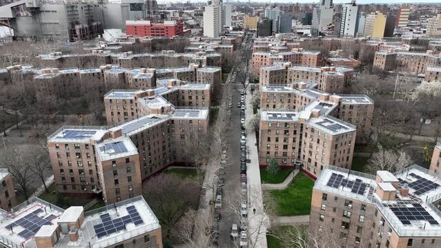 aerial over Queensbridge Astoria Queens housing projects buildings New York City NYC