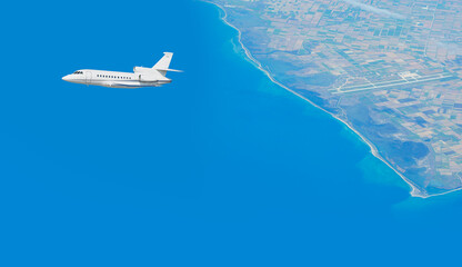 Private airplane taking off from airport - Passenger airplane is flying over amazing mountains and sea  - Travel by air transport