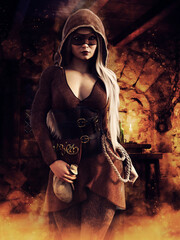 Fantasy female thief with a mask on her face in a medieval tavern. 3D render - the woman is a 3D object.  - 501974719