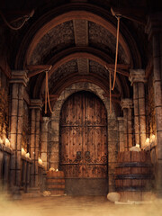 Fototapeta na wymiar Corridor in a medieval dungeon with skulls, bones, candles, and wooden barrels. 3D render.