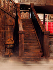 Ornamented wooden stairs in an old vintage library, with a globe next to it. 3D render.