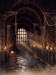 Dark scene with a medieval dungeon with ropes, candles, skulls and water on the floor. 3D render.