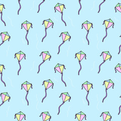 cartoon kite fly hand drawing doodle style vector illustration Seamless pattern on yellow background design wallpaper.