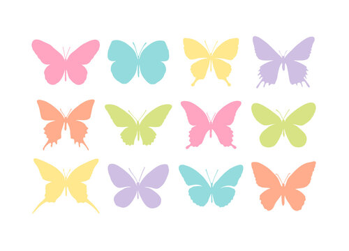 Set of butterflies multicolored silhouettes isolated on white background