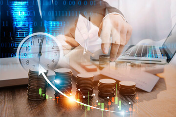 Credit bank card, money and coins on the home wood table, with selective focus, soft light and vintage filter, business concept